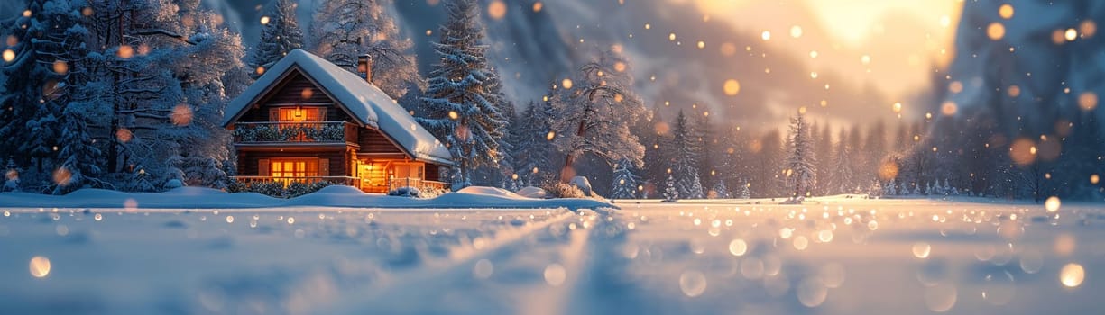 Cozy Winter Cabin with Blurred Snowflakes and Warm Lights, The soft glow and falling snow create an atmosphere of winter comfort and retreat.