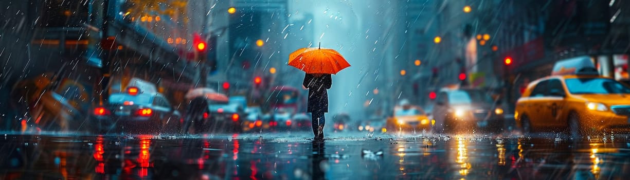 Rainy Day Cityscape with Blurred Umbrellas and Pedestrians, The water-streaked scene suggests the resilience and adaptability of city dwellers.