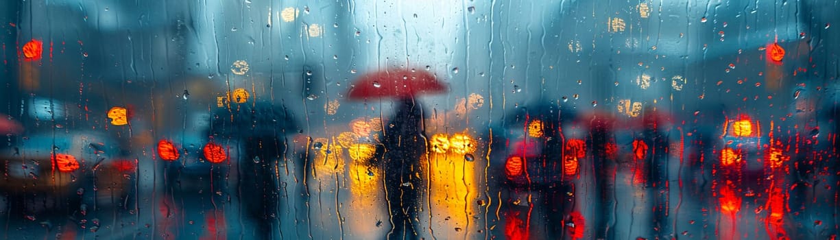 Rainy Day Cityscape with Blurred Umbrellas and Pedestrians, The water-streaked scene suggests the resilience and adaptability of city dwellers.