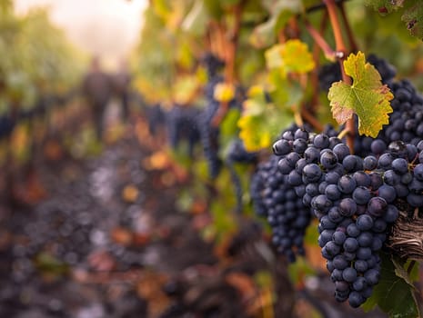 Sprawling Vineyard at Harvest Time with Workers in the Fields, A blur of workers amidst rows of grapevines signifies the labor of wine production.