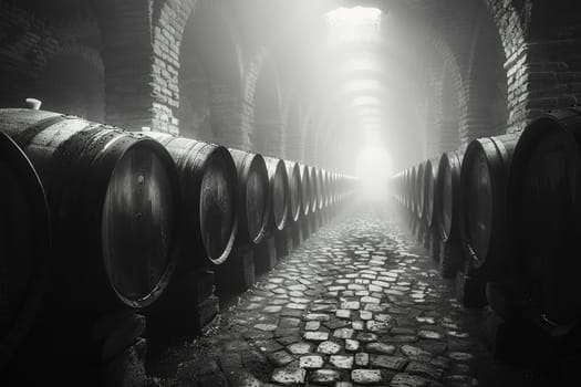 Vintage Winemaking Cellar with Barrels in Soft Focus, The shadowy outlines of wine barrels suggest tradition and the aging of fine wines.