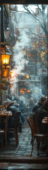 Cozy Coffee House Corner with Blurred Patrons and Steamy Mugs, The hazy warmth of the interior invites contemplation and community.