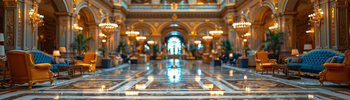 Grand Hotel Lobby with Soft Focus on Elegance and Guests, The blurred opulence of the setting suggests luxury and the transient stories of travelers.