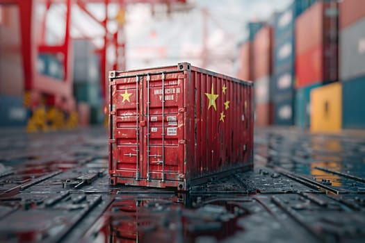 Freight shipping container with flag of china on crane hook - 3D illustration. High quality photo