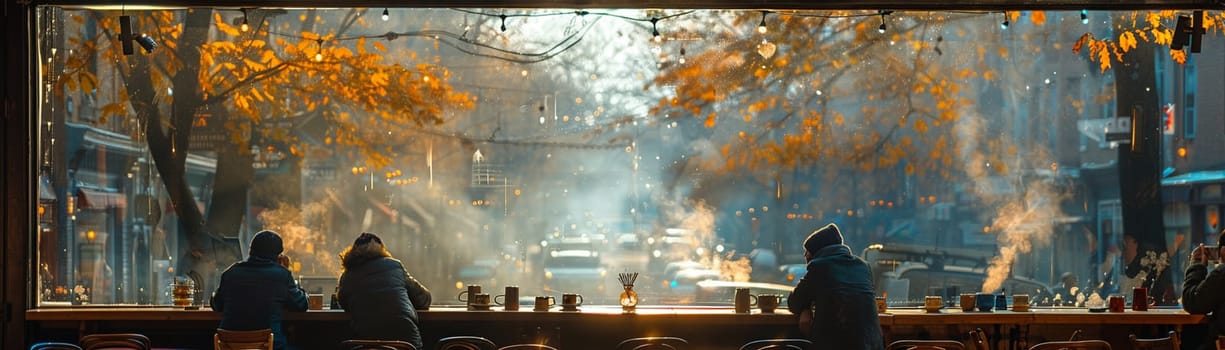 Cozy Coffee House Corner with Blurred Patrons and Steamy Mugs, The hazy warmth of the interior invites contemplation and community.