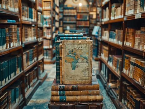 Vintage Bookstore with Antique Maps of the World Fading into Shelves, Blurred edges of ancient maps hint at historical exploration and literary charm.