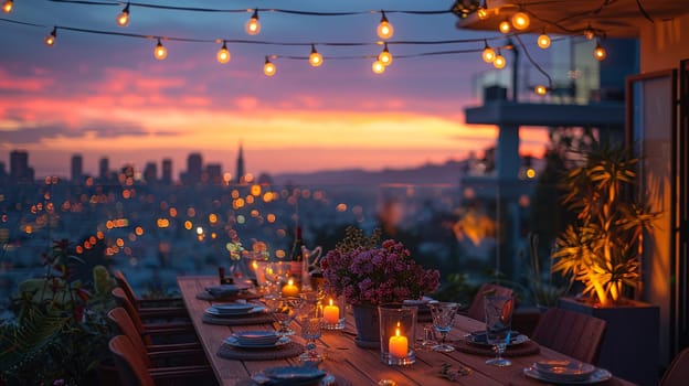 Casual Rooftop Party with City Views and Friends Gathering, The soft lights and distant skyline suggest the relaxed ambiance of social connections.