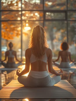 Serene Yoga Class in Session at a Sunlit Wellness Center, The tranquil blur of figures in poses against the morning light emphasizes balance and harmony.