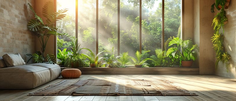 Sustainable Living Showcased in Bright, Eco-Friendly Home Interior, Blurred green plants and eco-decor suggest an environmentally conscious lifestyle.