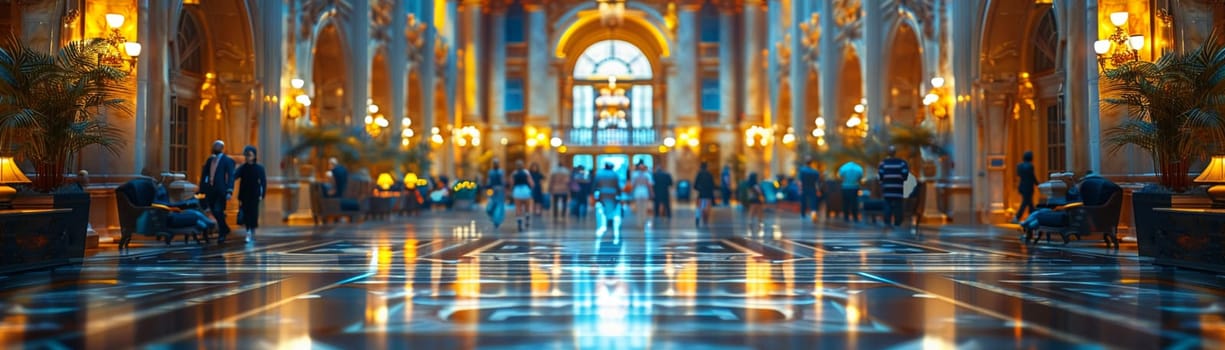 Grand Hotel Lobby with Soft Focus on Elegance and Guests, The blurred opulence of the setting suggests luxury and the transient stories of travelers.