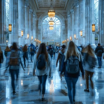 Busy Campus Life with Students Walking Through University Halls, The motion blur of students passing by suggests the hustle of academic pursuit.