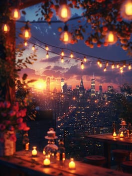 Casual Rooftop Party with City Views and Friends Gathering, The soft lights and distant skyline suggest the relaxed ambiance of social connections.