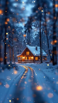 Cozy Winter Cabin with Blurred Snowflakes and Warm Lights, The soft glow and falling snow create an atmosphere of winter comfort and retreat.