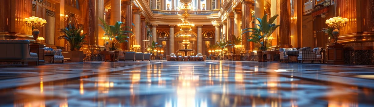 Grand Hotel Lobby with Soft Focus on Elegance and Guests, The blurred opulence of the setting suggests luxury and the transient stories of travelers.