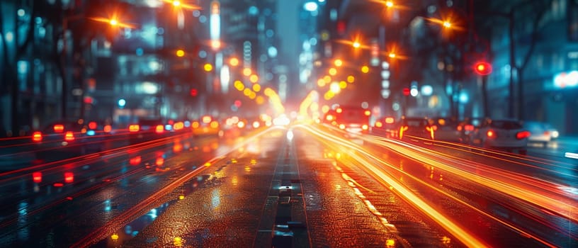 Nighttime City Traffic with Streaks of Headlights and Streetlights, The motion blur of lights suggests the pulse and flow of urban life after dark.