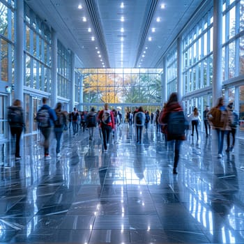 Busy Campus Life with Students Walking Through University Halls, The motion blur of students passing by suggests the hustle of academic pursuit.