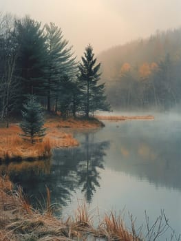 Quiet Morning at a Lakeside Fishing Spot with Mist Rising Off the Water, The soft haze over the water evokes a sense of peace and early-morning solitude.