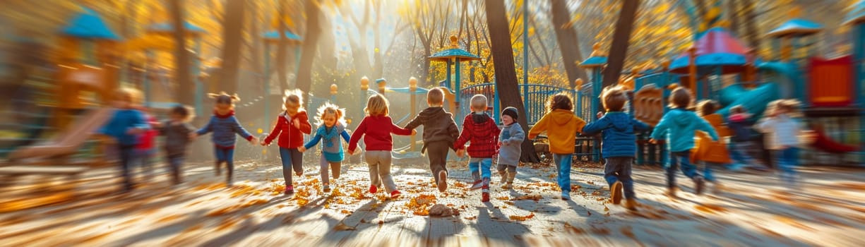 Energetic Kids Playground with a Blur of Children Laughing and Playing, The movement suggests the innocence and joy of childhood.