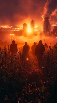 Farmers Tending to Crops in a Fertile Field with Soft Sunrise The gentle blur of workers and land suggests the timeless rhythm of agriculture. Urban Skyline Overlooking Bustling Financial District.