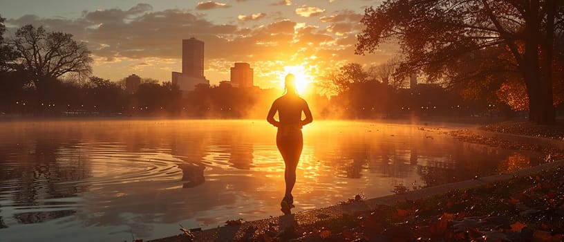 Early Morning Jogger's Silhouette Against a Misty Park Sunrise, A runner's motion blurs into the dawn, reflecting health and routine in urban life.