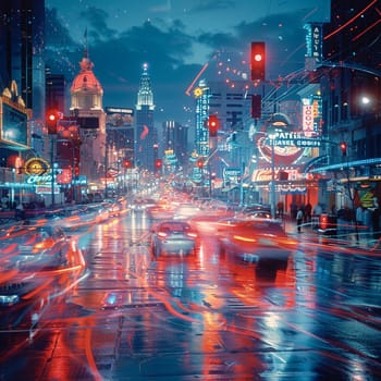Pulsing Neon Lights of Downtown Nightlife and Entertainment District, The blur of neon signs and street life captures the energetic nightlife vibe.
