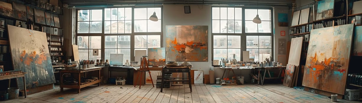 Secluded Artist's Studio with Canvases and Paints, The soft shapes and colors hint at the creative process and artistic solitude.