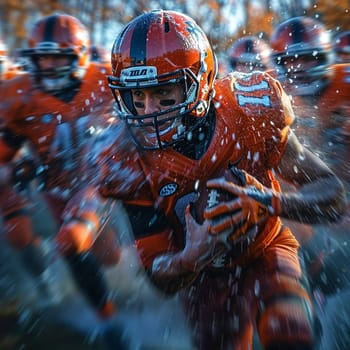 Championship Football Team in Action on a Floodlit Field, The motion blur captures the intensity and excitement of a high-stakes game.