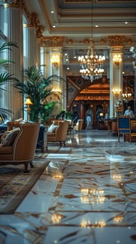 Grand Hotel Lobby with Soft Focus on Elegance and Guests, The blurred opulence of the setting suggests luxury and the transient stories of travelers.