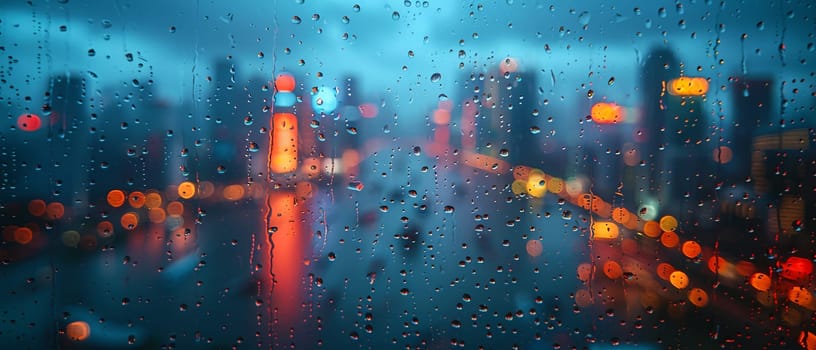 Raindrops on Window with Abstract Cityscape Reflection, The blurring effect of rain on glass merges with city contours, depicting weather's influence on urban life.