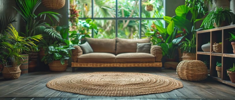 Sustainable Living Showcased in Bright, Eco-Friendly Home Interior, Blurred green plants and eco-decor suggest an environmentally conscious lifestyle.