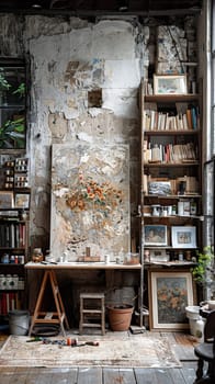 Secluded Artist's Studio with Canvases and Paints, The soft shapes and colors hint at the creative process and artistic solitude.