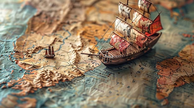 Old toy sailing ship, military tin soldiers, carriage, division, wooden red nutcracker on the background of the world map. Children play vintage retro toys 1920 of last century on New Year's holiday. High quality photo