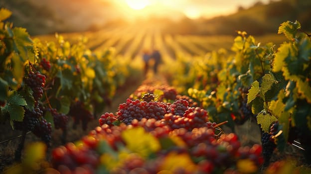 Sprawling Vineyard at Harvest Time with Workers in the Fields, A blur of workers amidst rows of grapevines signifies the labor of wine production.