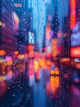 Raindrops on Window with Abstract Cityscape Reflection, The blurring effect of rain on glass merges with city contours, depicting weather's influence on urban life.