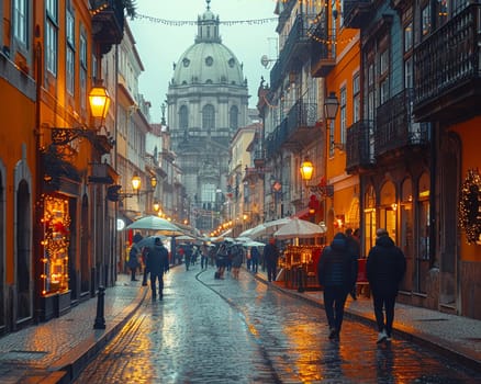 Cobbled Streets of a Historic City Center with Tourists Exploring, The blur of foot traffic against old buildings suggests the ongoing dance of history and modernity.