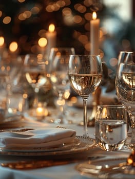 Elegant Corporate Gala Dinner Set in a Grand Ballroom, The shimmer of table settings in blurred focus sets the stage for a sophisticated business event.