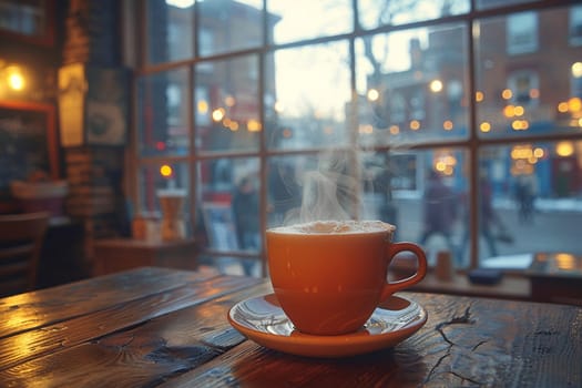 Cozy Coffee House Corner with Blurred Patrons and Steamy Mugs, The hazy warmth of the interior invites contemplation and community.