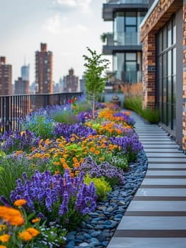 Rooftop Urban Garden with Soft Edges of Greenery and Skyline, The gentle blur between plants and cityscape suggests harmony and sustainability.