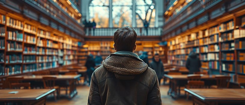 Historic Library with Students Lost in Study and Thought, A soft focus on readers among towering bookshelves conveys the pursuit of knowledge.