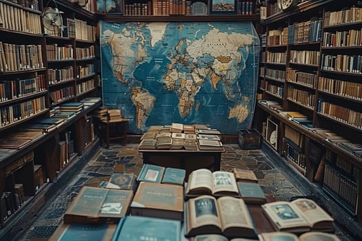 Vintage Bookstore with Antique Maps of the World Fading into Shelves, Blurred edges of ancient maps hint at historical exploration and literary charm.