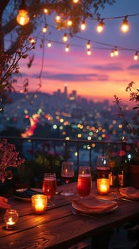 Casual Rooftop Party with City Views and Friends Gathering, The soft lights and distant skyline suggest the relaxed ambiance of social connections.