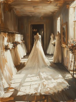 Elegant Bridal Boutique with Soft Focus on Gowns and Accessories, The hazy outlines of wedding attire suggest dreams and preparations for a special day.