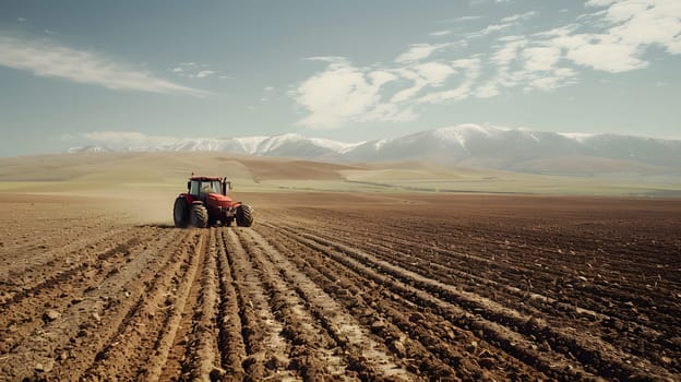 An agricultural vehicle, a red tractor, is plowing a field with mountains in the background. The sky is clear with fluffy clouds, and the grass is green and lush