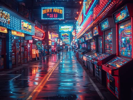 Neon-Lit Arcade with Games and Players in a Blur of Fun, The streaks of light and excitement capture the lively atmosphere of gaming and entertainment.