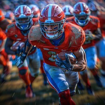 Championship Football Team in Action on a Floodlit Field, The motion blur captures the intensity and excitement of a high-stakes game.