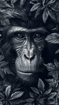 A monochrome closeup painting of a primate with a wrinkled snout, surrounded by leaves in darkness, showcasing the beauty of wildlife in monochrome photography