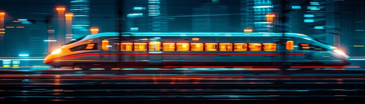 High-Speed Train Departing Station with a Blur of Movement, The streaks of the train convey the speed and connectivity of modern travel.