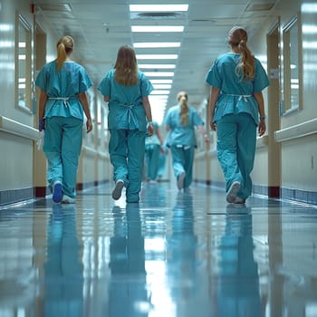 Healthcare Professionals in Scrubs Moving Through Hospital Corridors, The soft focus on medical staff reflects the urgent pace of hospital care.