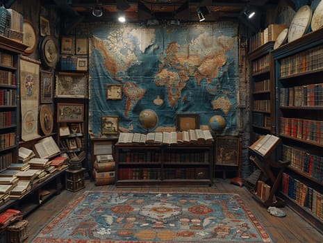 Vintage Bookstore with Antique Maps of the World Fading into Shelves, Blurred edges of ancient maps hint at historical exploration and literary charm.