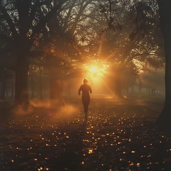 Early Morning Jogger's Silhouette Against a Misty Park Sunrise, A runner's motion blurs into the dawn, reflecting health and routine in urban life.